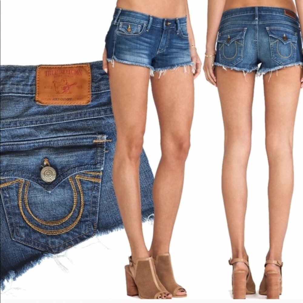 True Religion Joey Cut Off Shorts Women’s Blue Distressed Denim